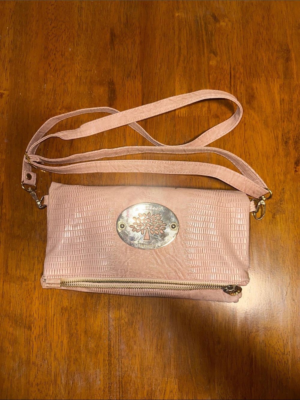 Mulberry Pink Textured Crossbody with Tree Plaque